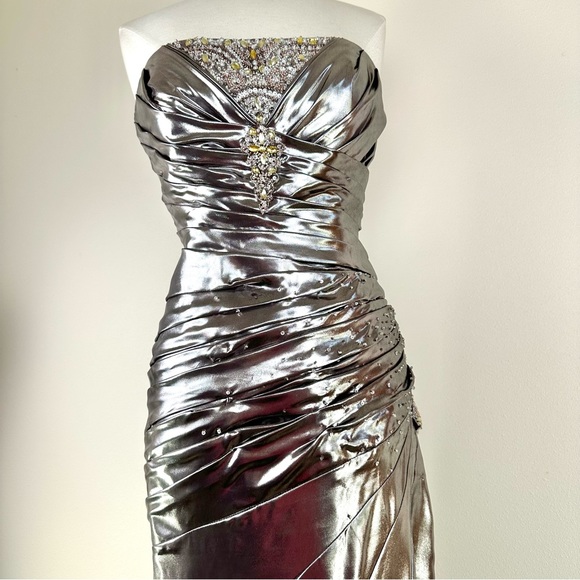 Flirt by Maggie Sottero Silver Pewter Metallic Strapless Formal Gown - Picture 2 of 16